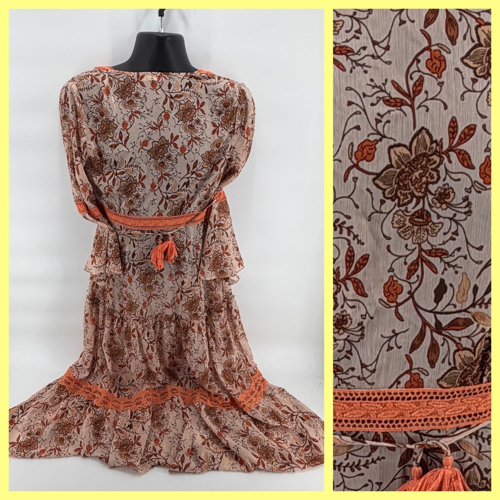 Miss Me MJ0277L Floral Tiered Boho Maxi Duster S Small Lace Trim Tassel Western